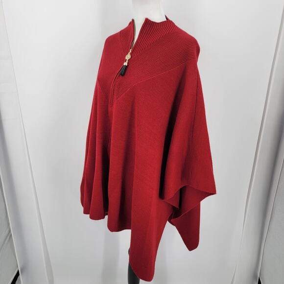 Anne Klein Poncho Womens Large Knit Red Mock Neck Half Zip Ribbed Neckline - Picture 4 of 11
